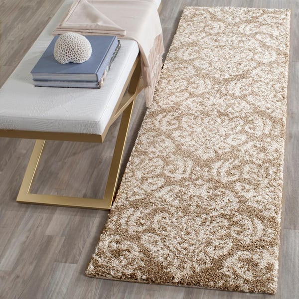 Florida Shag 2 ft. x 17 ft. Beige/Cream Floral Medallion Runner Rug