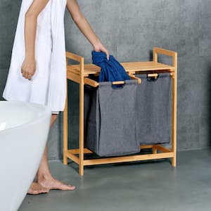 Bamboo Laundry Hamper with Dual Compartments Two-Section Laundry Basket with Removable Sliding Bags & Shelf