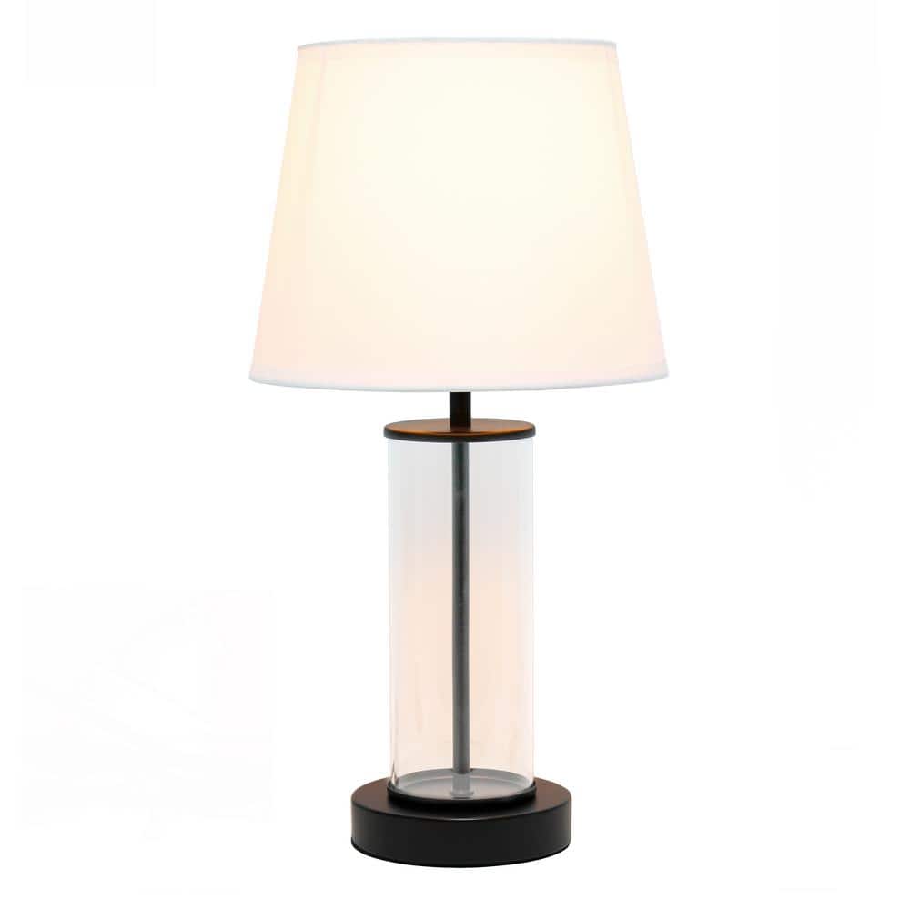 Black Metal and Clear Glass Table Lamp with White Fabric Shade