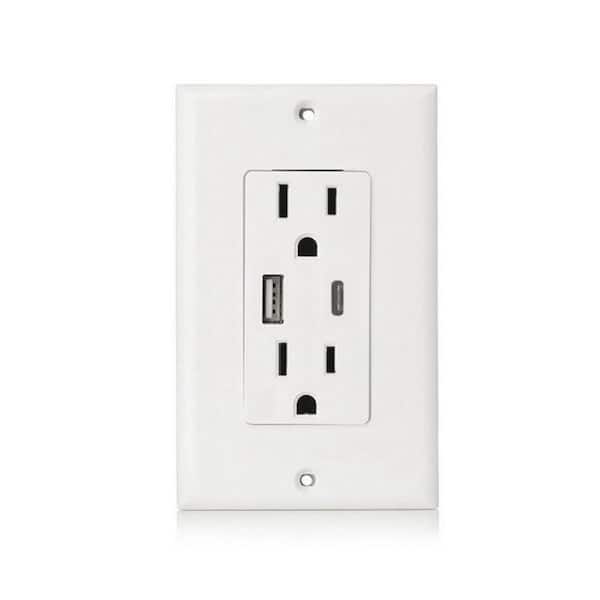 TruePower Electrical Duplex Outlet Receptacle with 2-USB Ports, 1-High Power  USB-C Port and Another USB-A, Total 4.8 Amp/24-Watt ACE-9501HD - The Home  Depot