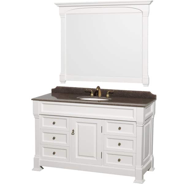 Wyndham Collection Andover 55 in. W x 23 in. D Vanity in White with Granite Vanity Top in Imperial Brown with White Basin and 50 in. Mirror