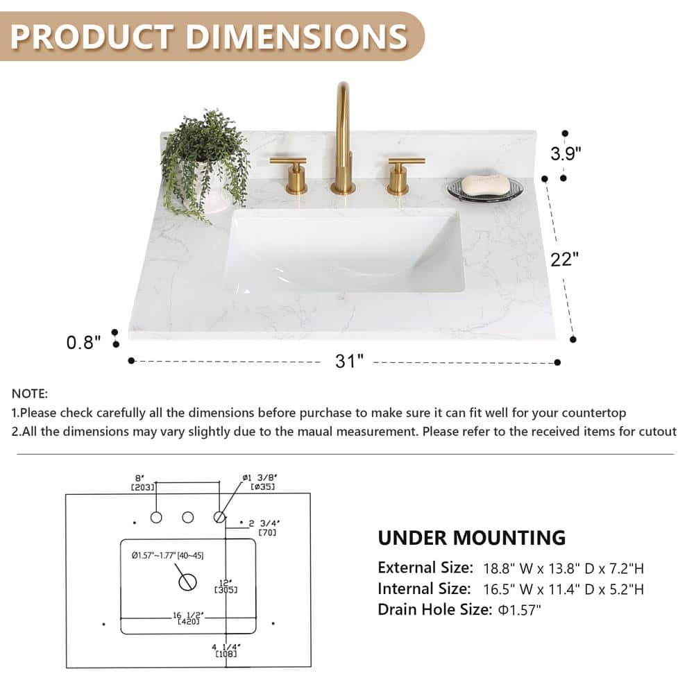 Ceres 31" White Engineered Stone Vanity Top with Undermount Sink