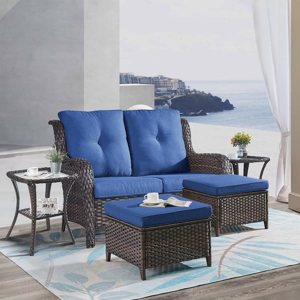 Opohoro ArcoBay 5-Piece Brown Wicker Outdoor Loveseats Patio Conversation Set with Blue Cushions and Ottomans