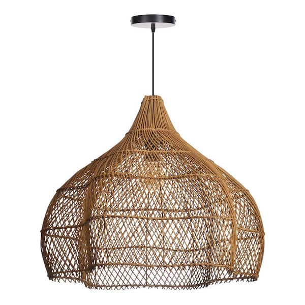 60-Watt 1-Light Brown Handwoven Rattan Pendant Light with Teardrop Shade, No Bulbs Included, 24 in.