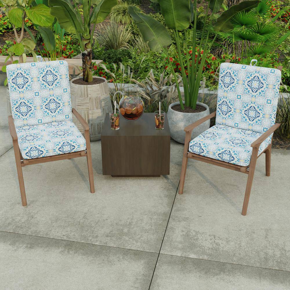 Sky Blue and White Polyester Outdoor Chair Cushion with Ties