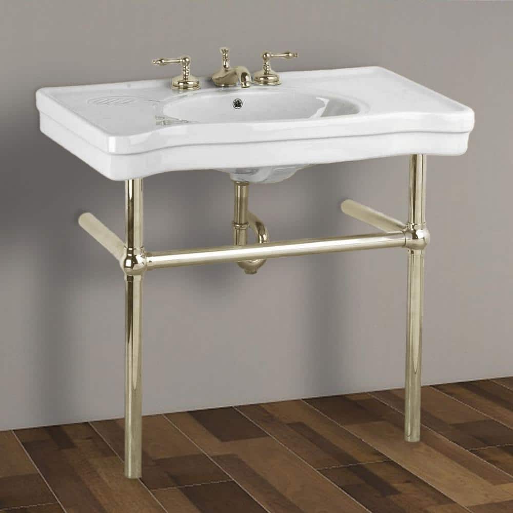 White Ceramic Console Sink with Satin Nickel Bistro Legs