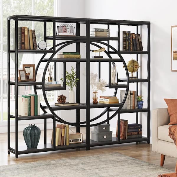 BYBLIGHT Eulas 68.89 in. Tall Gray Wood 9-Shelf Bookcase Bookshelf with Storage Shelves for Home Office, Living Room, Set of 2