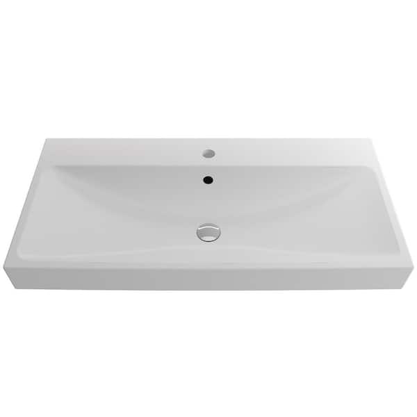 BOCCHI Scala Arch 39.75 in. 1-Hole Matte White Fireclay Rectangular Wall-Mounted Bathroom Sink