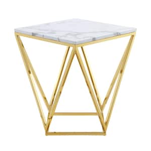 Ignacio 18 in. Wide White/Gold Square Wood End Table With Marble Top