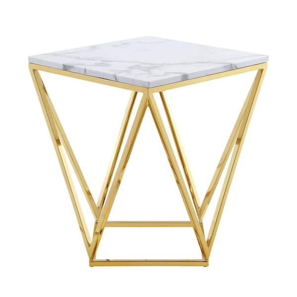 Inspired Home Ignacio 18 in. Wide White/Gold Square Wood End Table With Marble Top