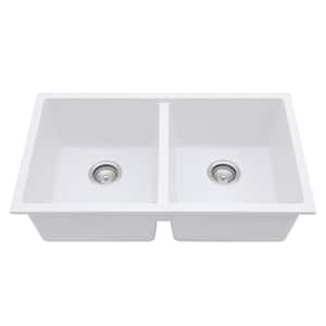 Loile 33 in. L Undermount Double Bowl White Granite Composite Kitchen Sink with Grid, Strainer and Rack