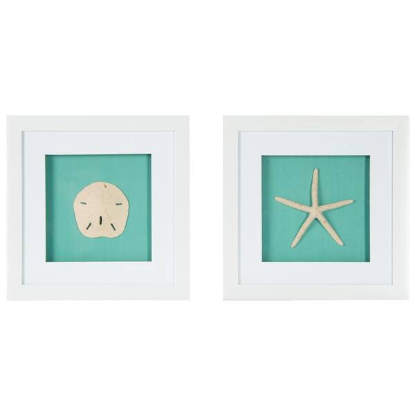 Pinnacle 23 in. x 10 in. "Star Fish and Sand Dollar" Framed Wall Art in Teal ( 2-Pack)