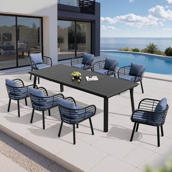 Black 9-Piece 94 in. Aluminum Patio Outdoor Dining Set with Umbrella Hole Table, Sunbrella Blue Cushion Premium Chair