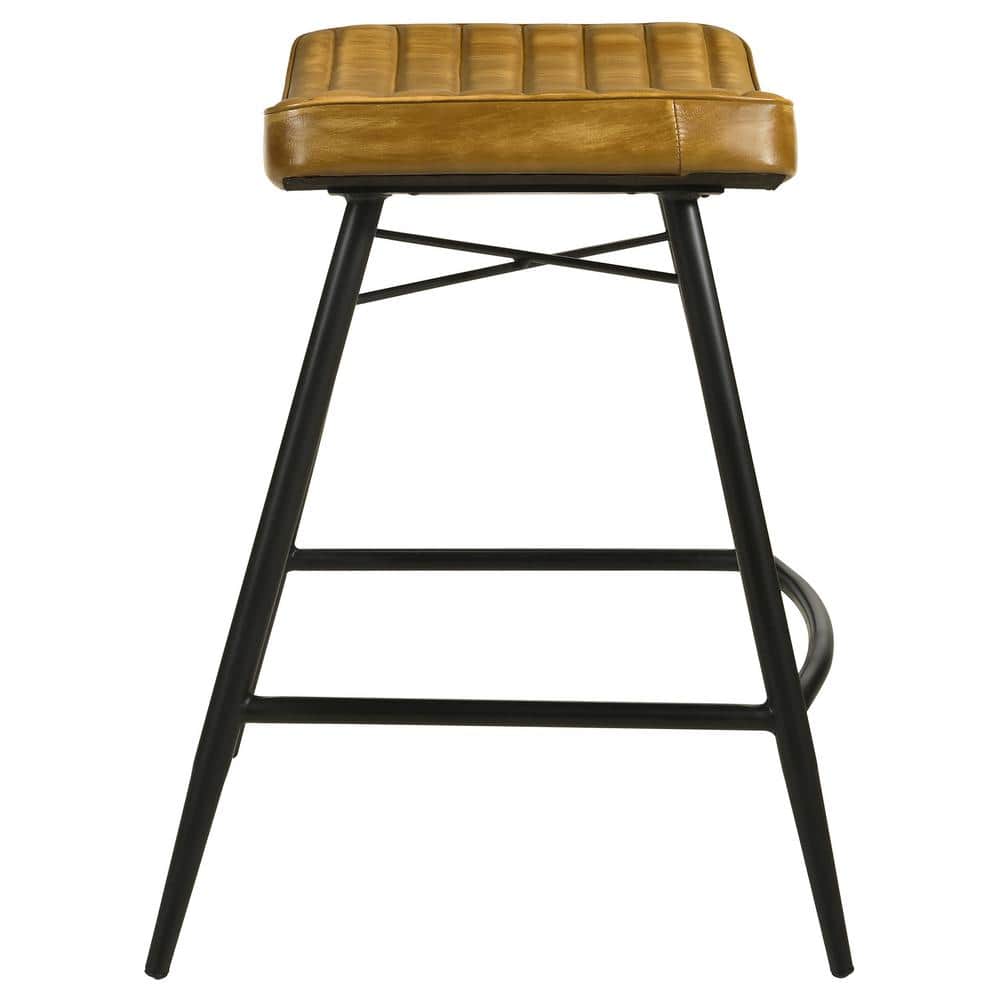 Light Brown Leather and Black Metal Saddle Counter Stool