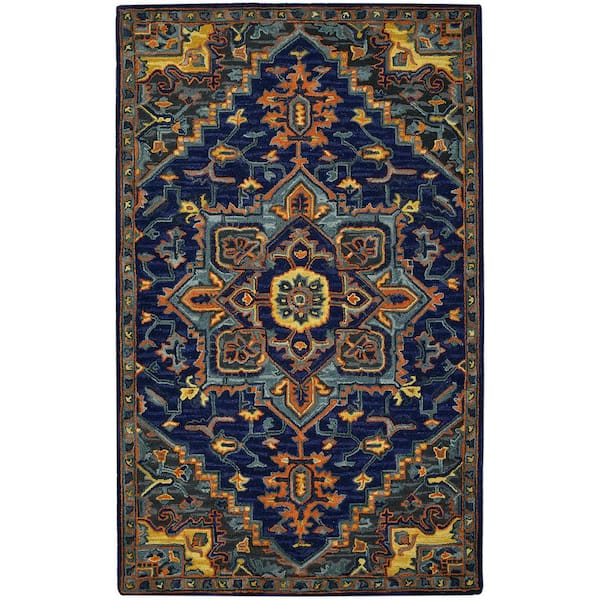 8 ft. x 11 ft. Blue Teal And Brick Red Wool Medallion Hand Tufted Area Rug