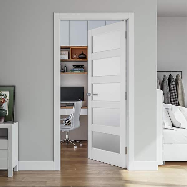 28 in. x 80 in. 5-Lite Solid Core Frosted Glass White Primed Composite MDF Interior Door Slab