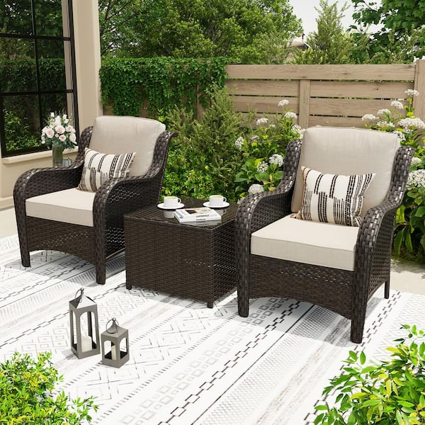 XIZZI Polar 3-Piece Brown Wicker Patio Conversation Set with Beige Cushions and Coffee Table