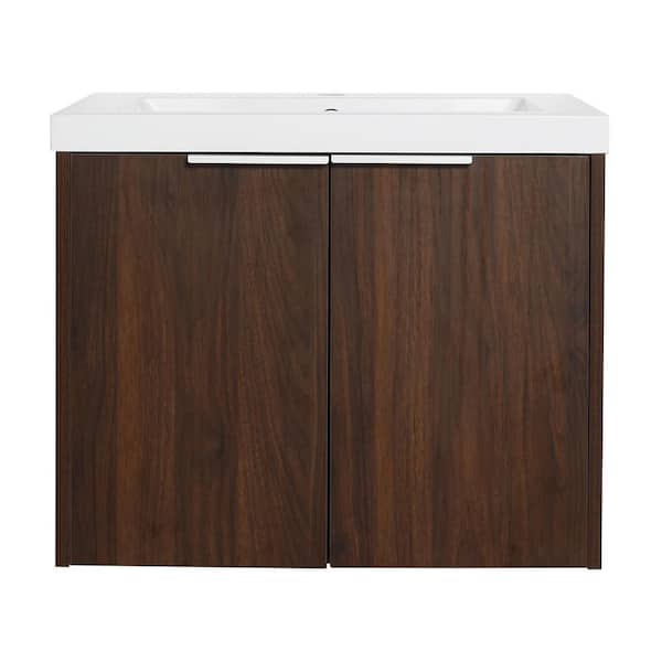 JimsMaison 24 in. W x 18 in. D x 20 in. H Floating Bathroom Vanity in California Walnut with White Culture Marble Top