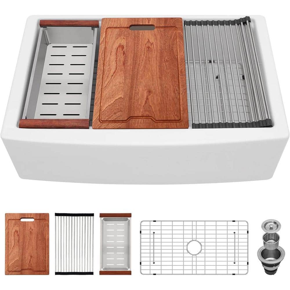 33 in. Farmhouse/Apron-Front Single Bowl White Ceramic Kitchen Sink with Accessories price history on PriceWatchPro