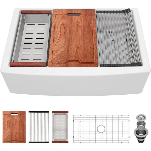 33 in. Farmhouse/Apron-Front Single Bowl White Ceramic Kitchen Sink with Accessories
