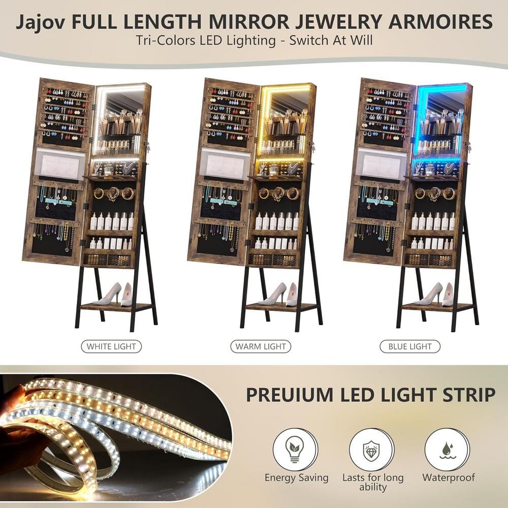 Rustic Brown Light Wood Full-Length Mirror Jewelry Cabinet Armoire