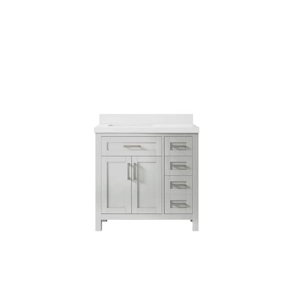 Willow Collections Cambridge 36 in. W x 22 in. D x 36 in. H Left Offset Sink Bath Vanity in Gray with 2 in White Quartz Top
