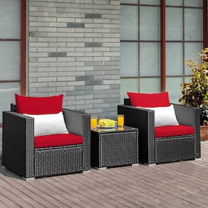 3-Piece Rattan Outdoor Patio Conversation Furniture Set with Red Cushions