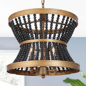 3-Light Modern Brass and Black Drum Chandelier Light with Wooden Beads