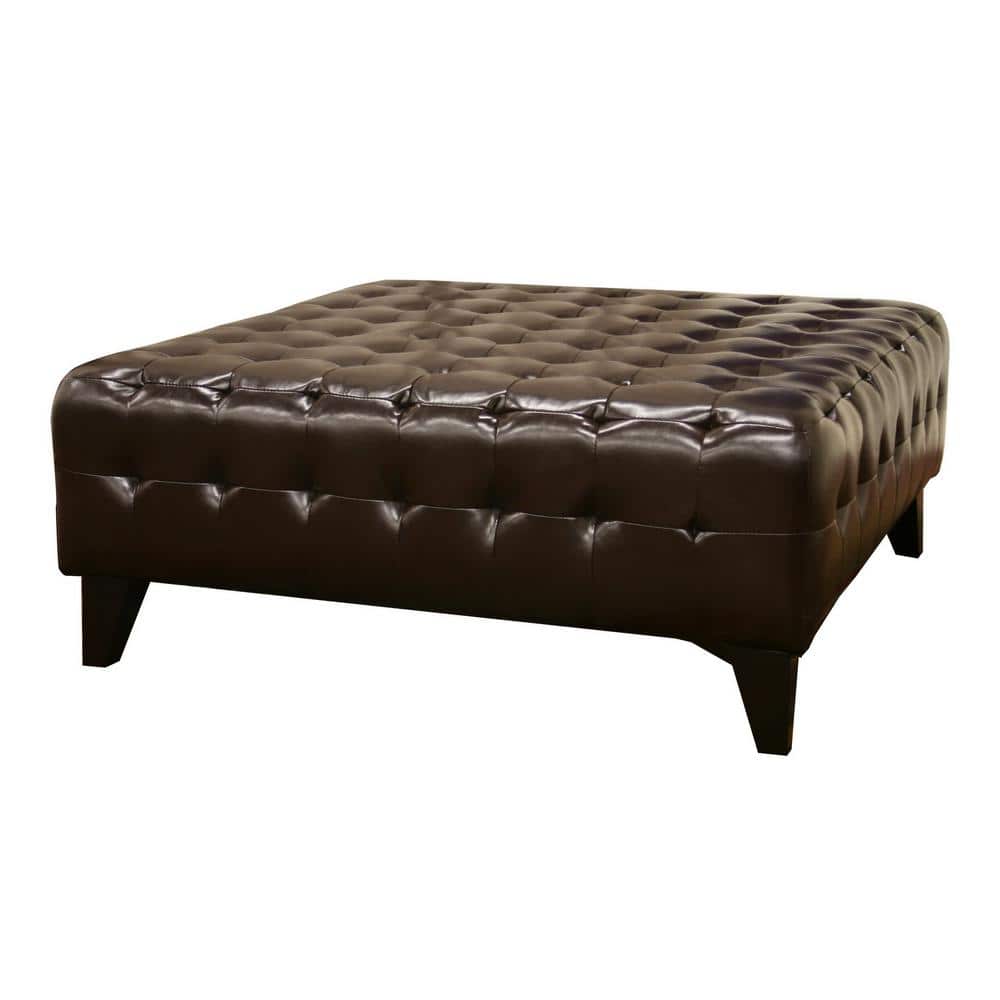 Pemberly Tufted Dark Brown Bonded Leather Large Square Ottoman