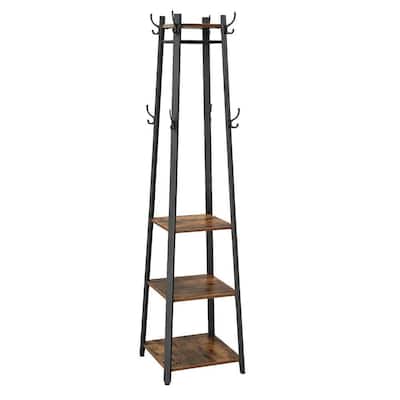 Brown and Black Metal Framed Ladder Style Coat Rack with Three Wooden Shelves