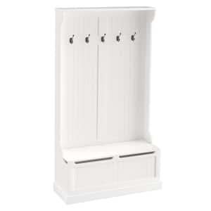 White Hall Tree Storage Bench and Coat Rack with 5 Steel Double Hooks and Anti-Topple Anchor for Entryway