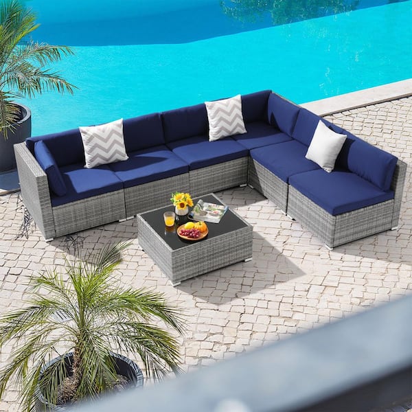 Unbranded Grey 7-Piece PE Wicker Outdoor Dining Set Conversation Sectional Sofa with Navy Blue Cushions