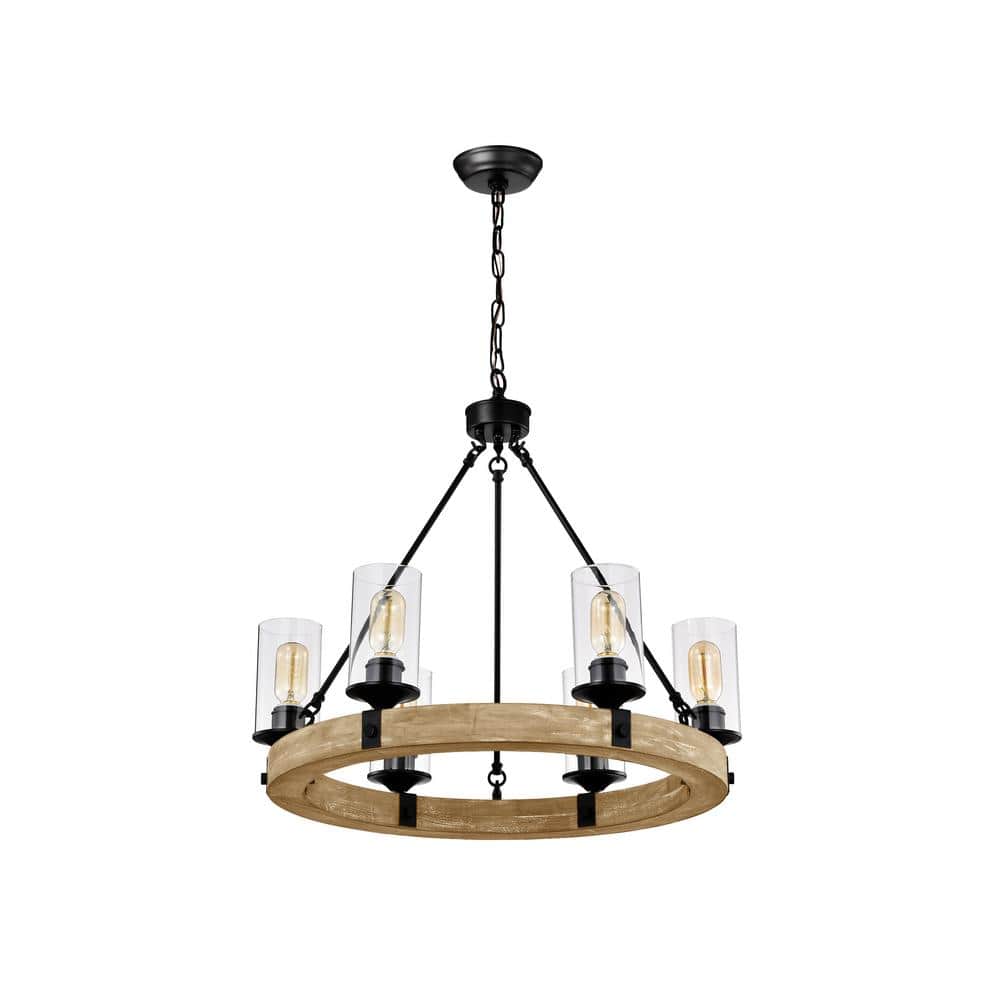 Rustic Farmhouse 6-Light Wagon Wheel Chandelier with Vintage Wood & Black Detail