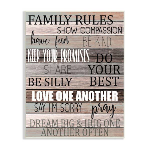 Stupell Industries "Family Rules Text Wood Grain Rustic Tan Teal " Kimberly Allen Unframed Typography Wood Wall Art Print 10 in. x 15 in.