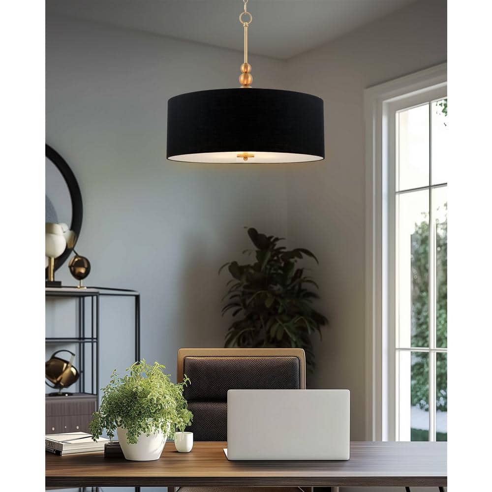 Adelade 22" Black Fabric Drum Pendant Chandelier with Brass Finish