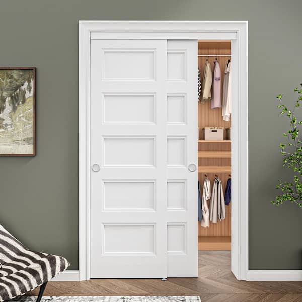 48 in. x 80 in. Paneled 5-Lite White Primed MDF Composite Sliding Door with Hardware