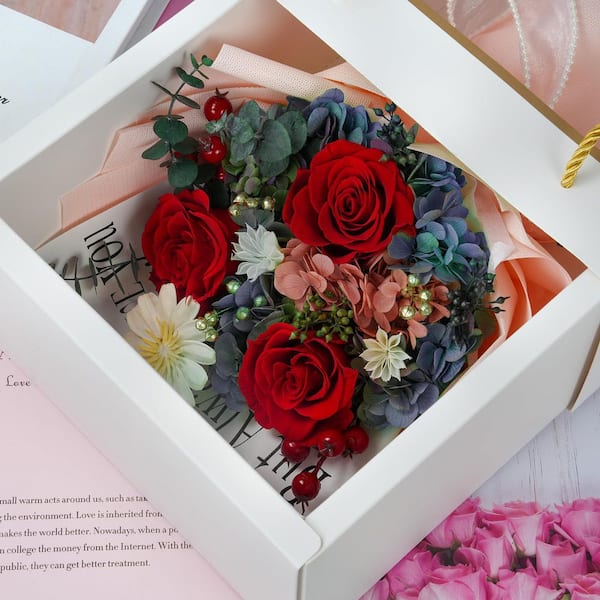 Dracelo 13 in. Red Artificial Everlasting Rose Bouquet-Includes