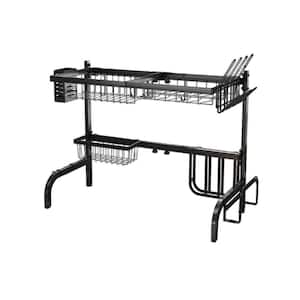 25.5 in. to 33.5 in. Adjustable Over The Sink Dish Drying Rack, 2-Tier Black Metal Dish Rack with Hooks and Holders