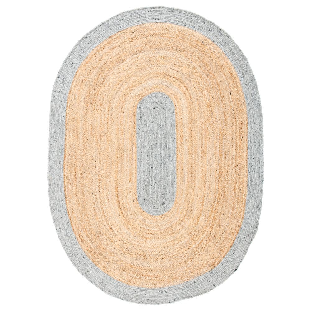 Gray and Natural Oval Braided Wool Cotton Rug 6' x 9'