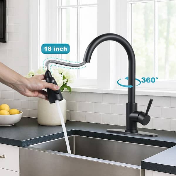 15.6 in. Single Handle Pull Down Kitchen Faucet with 18 in. Sprayer and 360 Degree Swivel in Matte Black