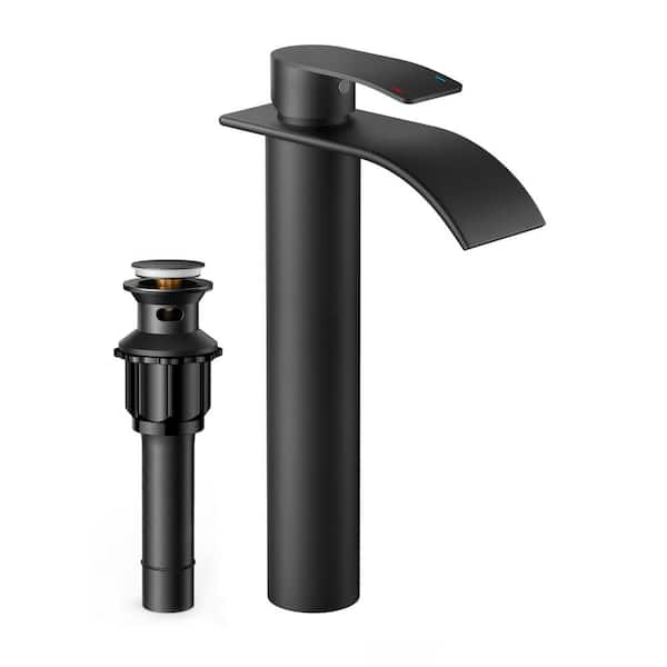 FURUISI Single Handle High-Arc Bathroom Faucet with Pop-Up Drain Included and Spot Resistant in Black