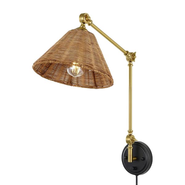 WINGBO Dark Brown Rattan Lamp Shade Black Base Swing Arm Wall Lamp