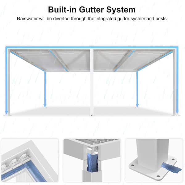 12 ft. x 20 ft. White Aluminum Frame Outdoor Hardtop Louvered Pergola with Adjustable Sunshade Roofs and In-Built Gutter