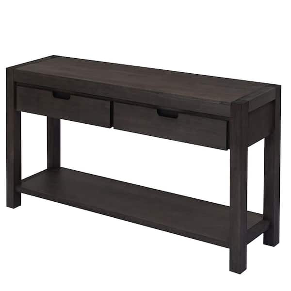 55.1 in. Antique brown Rectangle Wood Console Table with 2-Drawers and 1-Shelf