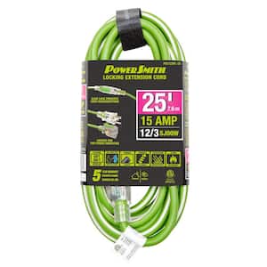 25 ft. 12/3 AWG Rubber Jacket 15 Amp Heavy-Duty Indoor/Outdoor Locking Extension Cord, Green