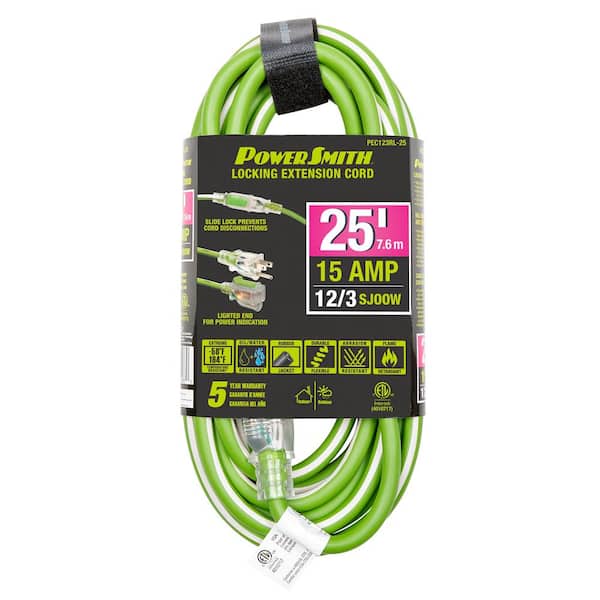 PowerSmith 25 ft. 12/3 AWG Rubber Jacket 15 Amp Heavy-Duty Indoor/Outdoor Locking Extension Cord, Green