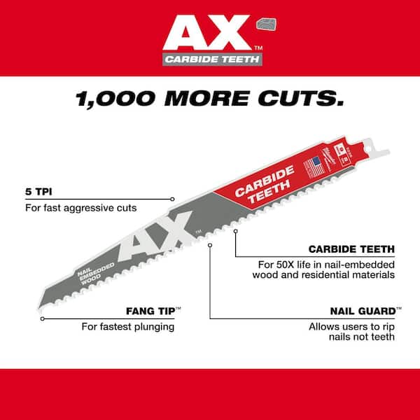 Milwaukee 6 in. 5 TPI AX Bimetal Nail Embedded Wood Cutting Sawzall Reciprocating Saw Blades (15-Pack)