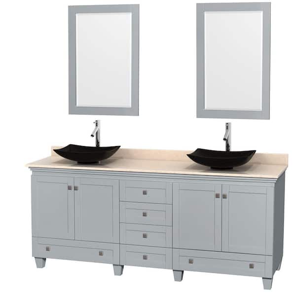 Wyndham Collection Acclaim 80 in. W x 22 in. D Vanity in Oyster Gray with Marble Vanity Top in Ivory with Black Basins and 24 in. Mirrors