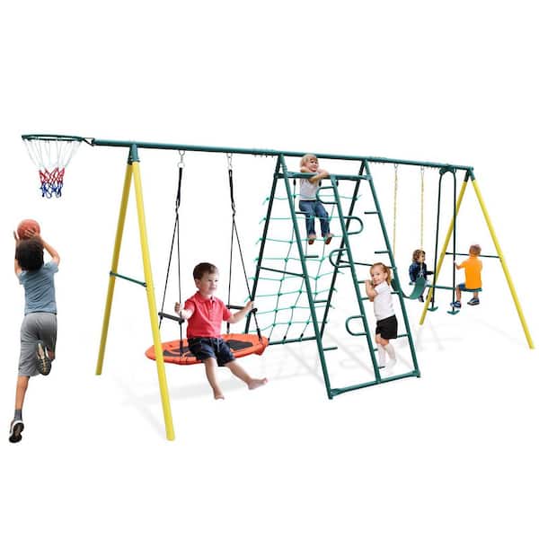 Green & Yellow Metal Swing Playset with Glider and Climbing Frame