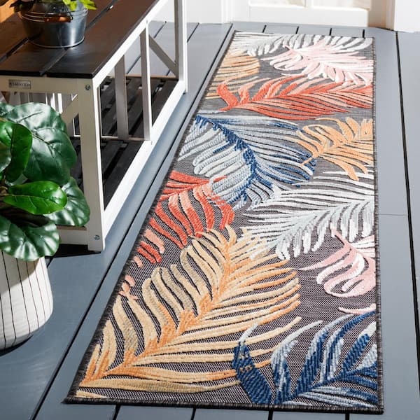 Cabana Black/Rust 2 ft. x 10 ft. High-Low Oversized Leaf Indoor/Outdoor Runner Rug